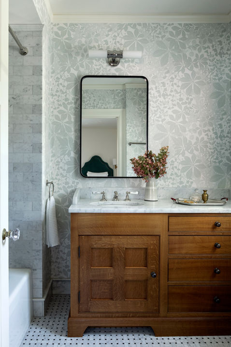 Bathroom Desing Detail with Natural Wood Cabinets