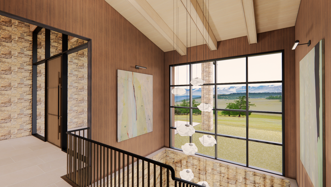 Interior rendering of the Rivershore upper stair with wood walls, stone accents, black steel railing, pendant lighting, and large windows overlooking the landscape.