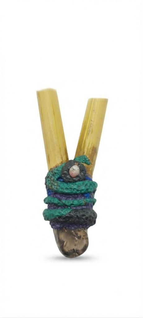 Kuripe artesanal de bambu com massa azul e pedra natural