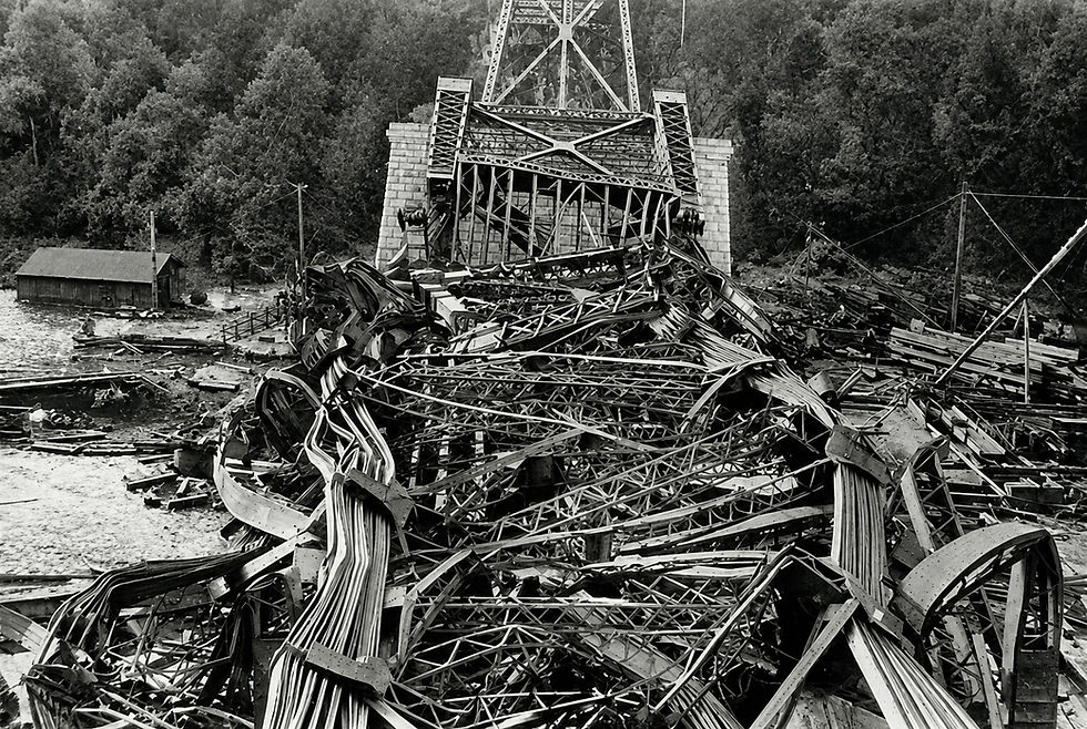 The twisted steel wreckage of the Quebec Bridge after the collapse of August 29, 1907