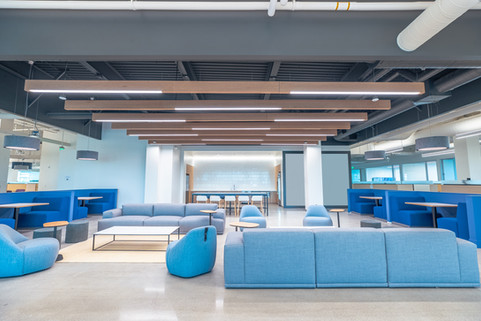 Reception learning center with blue couches
