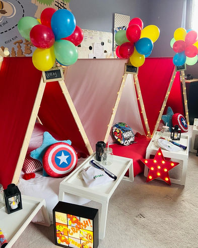 Colorful teepee tents with balloons and decorations, sleepover teepee parties cardiff