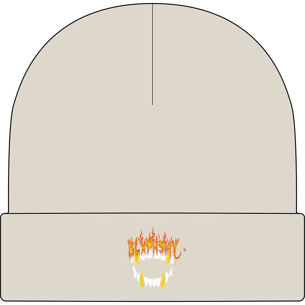 Thumbnail: Flaming Fangs Cuff Beanie – Gothic Vampire Teeth Winter Hat