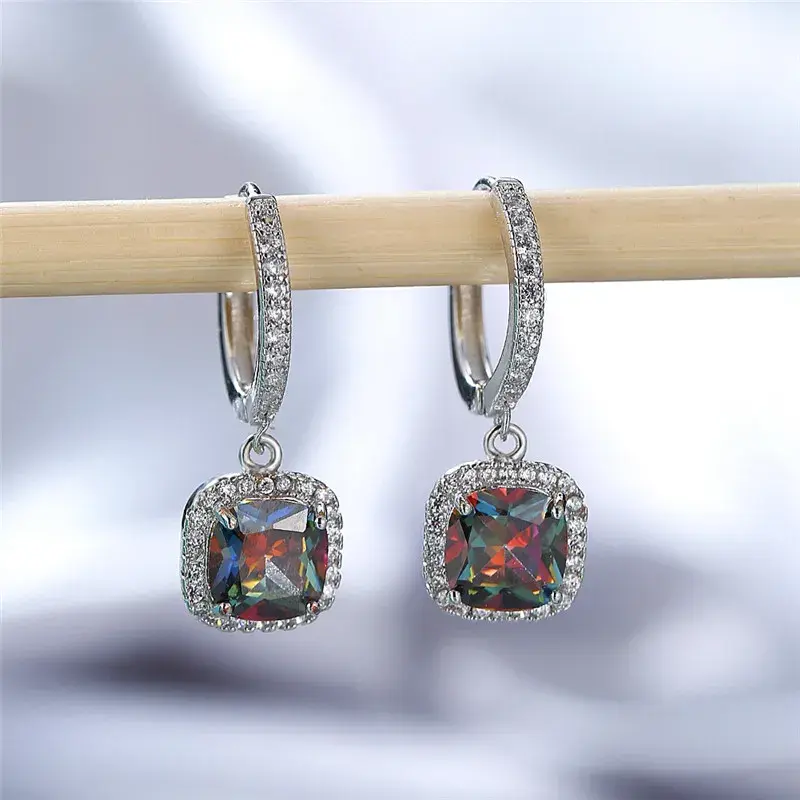 Dainty Female Rainbow Crystal Drop Earrings Rose Gold Silver