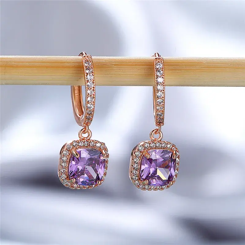 Dainty Female Rainbow Crystal Drop Earrings Rose Gold Silver