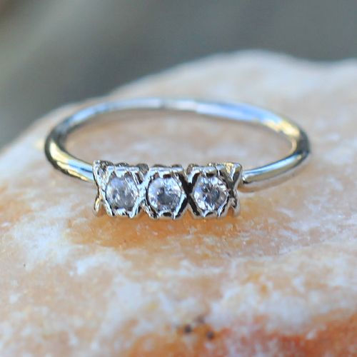 Thumbnail: 316L Stainless Steel Synthetic Triple CZ Cartilage Earring / Nose Hoop Ring