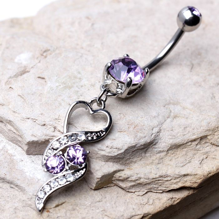 Thumbnail: 316L Surgical Steel Gemmed Navel Ring With Elegant Heart Spiral Dangle