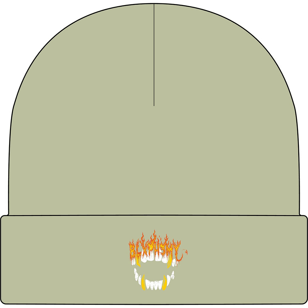 Thumbnail: Flaming Fangs Cuff Beanie – Gothic Vampire Teeth Winter Hat