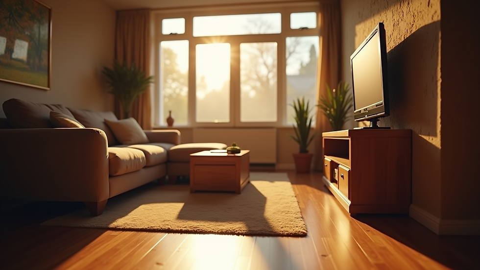 Eye-level view of a cozy living room with warm lighting