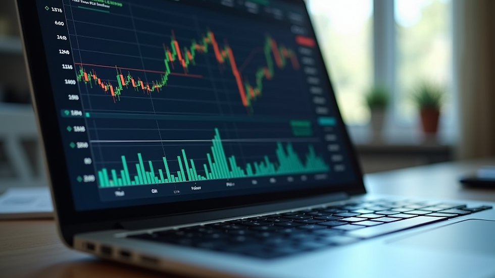 Close-up view of a laptop screen showing financial graphs and charts