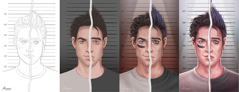 Book Cover Illustration step-by-step for Open At Rock Bottom. The cover art shows a close up portrait of a young man. His portrait is ripped in half with one side showing his arrogant football player side and other his lost and worried side. Illustrated by MadliArt