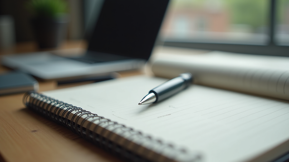 Close-up view of a notebook with notes and a pen on a desk