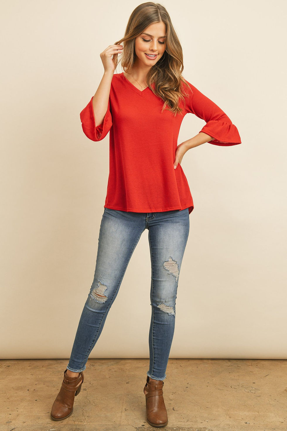 Thumbnail: Solid Bell Sleeve V-Neck Top