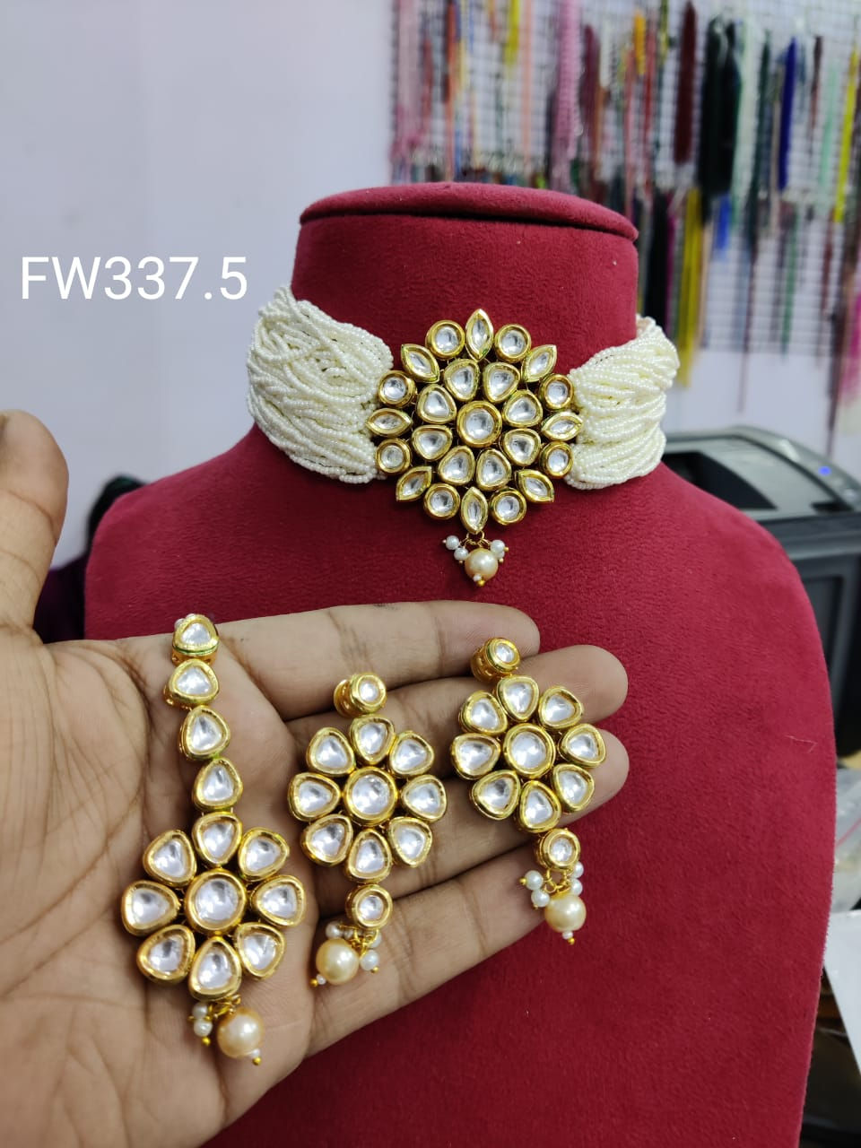 Thumbnail: Kundan necklace with earrings and mangteeka wedding bridal gift for indian women
