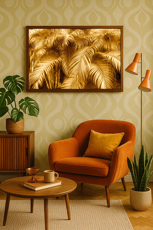 Retro living room with orange chair, green plants, and geometric wallpaper. A golden palm leaf artwork hangs on the wall, creating a warm vibe.