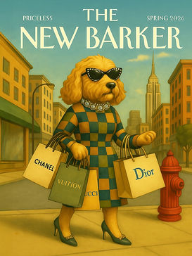 Magazine cover parody of The New Yorker Magazine called The New Barker with a fancy doodle dog dressed in a chic outfit carrying Dior, Gucci, Vuitton and Chanel shopping bags in New York City with the Empire State Building in the background on the streets of NYC.