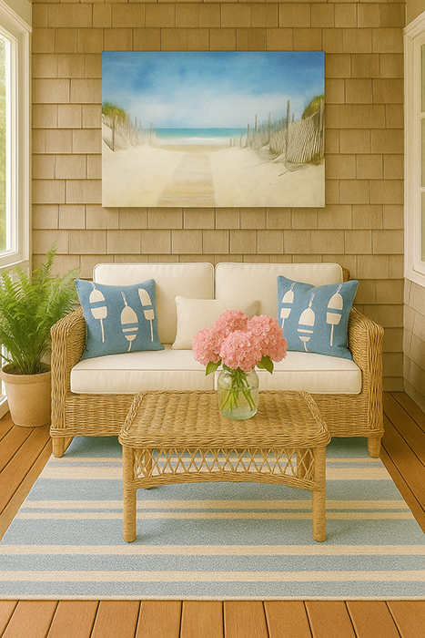 Rattan sofa with blue pillows and pink flowers on table, set on a striped rug. Coastal painting of a beach path in the sand with fences leading to an aqua blue ocean Beige cedar shake wall in background.