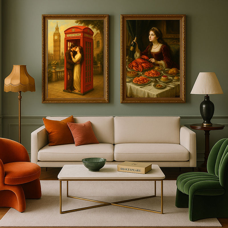 A stylish living room with two framed paintings. One depicts Romeo and Juliet in a red phone booth in London, the other is Juliet at a bountiful feast with lobster. Neutral decor.