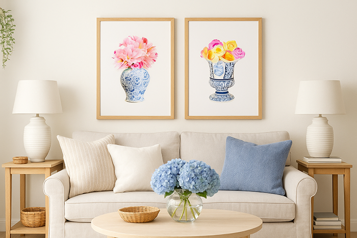 Cozy living room with a cream sofa, blue pillow, wall art with hydrangea and roses in chinoiserie vases.. Neutral tones and a calm, inviting atmosphere.
