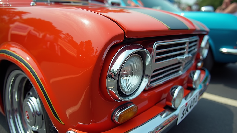 Close-up view of a custom car show board with vibrant colors and glossy finish