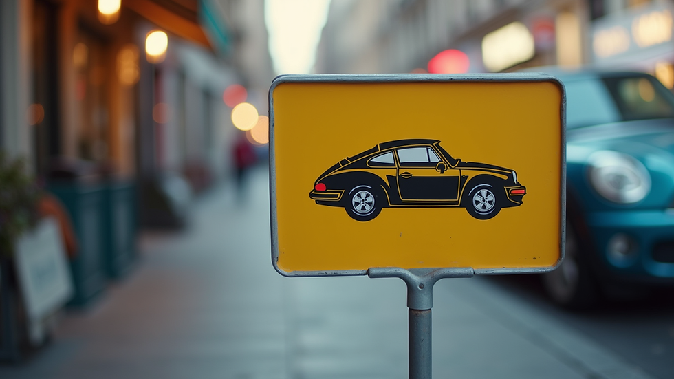 Close-up view of a weatherproof car show sign on a stand