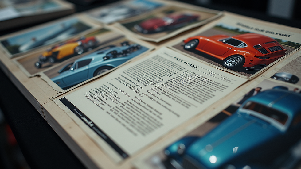 Close-up view of a custom car show board with detailed artwork and specs