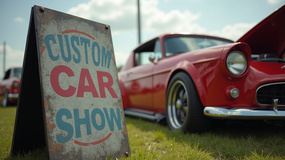 Eye-level view of a custom car show sign displayed next to a vintage car