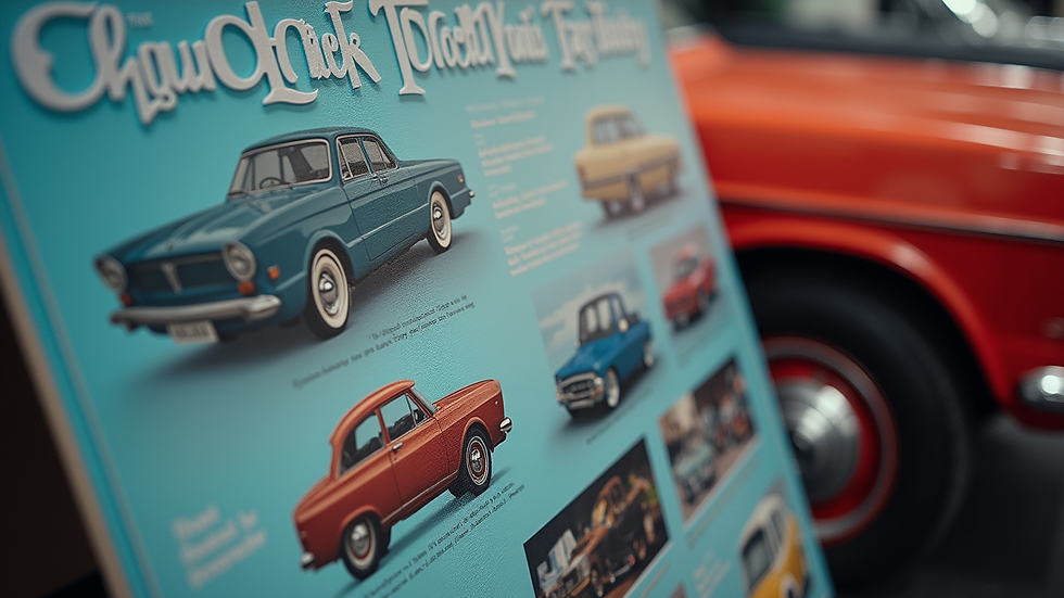 Close-up view of a custom car show board with detailed artwork and car history