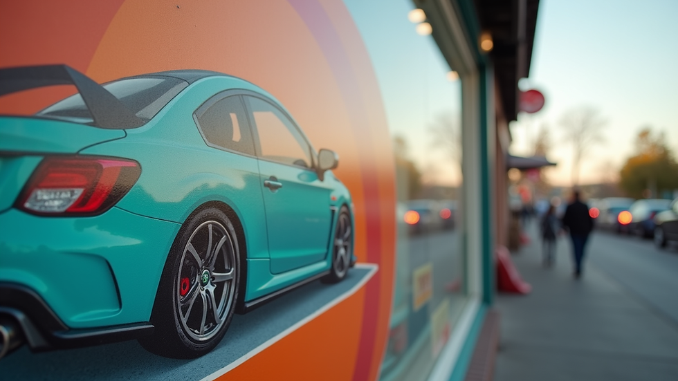 Close-up view of a coroplast sign with vibrant car show graphics