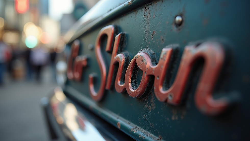 Close-up view of a metal car show sign with custom engraving