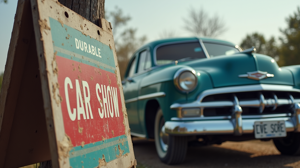 Eye-level view of a durable car show sign displayed next to a classic car