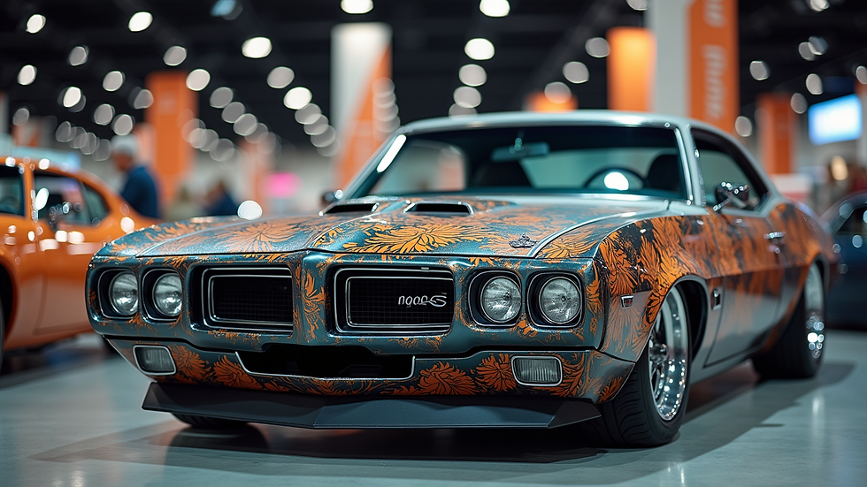 Eye-level view of a custom car show board with detailed artwork and text