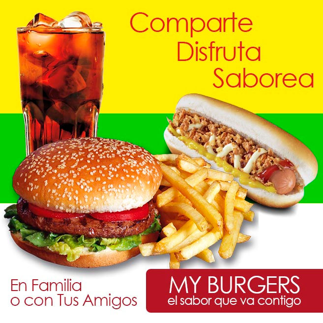 anuncio perros y hamburguesas + refresco