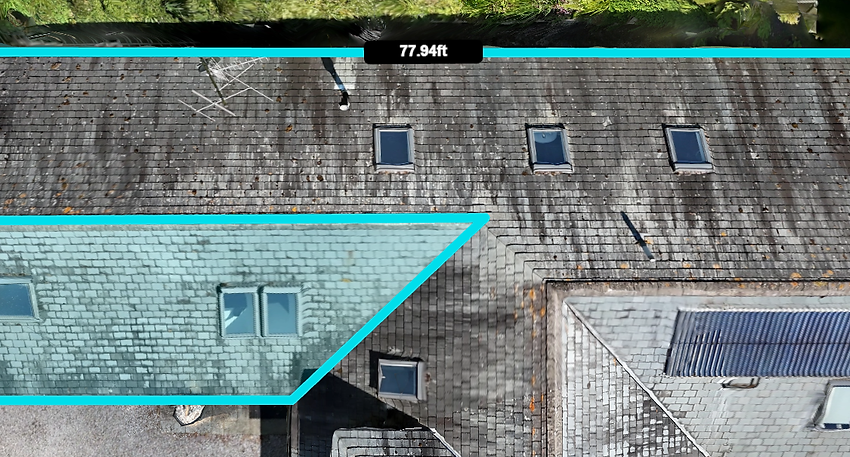 Aerial photo with annotated dimensions of a house