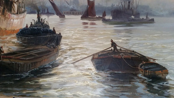 Restored painting of boats in the water
