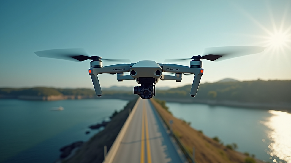 Eye-level view of drone inspecting a bridge structure