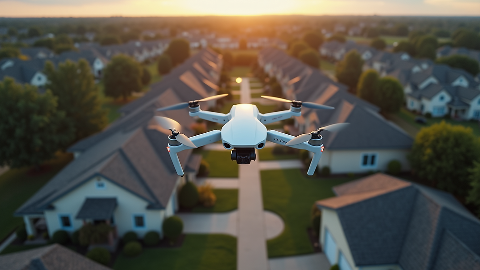 Eye-level view of a drone flying over a residential neighborhood for real estate photography