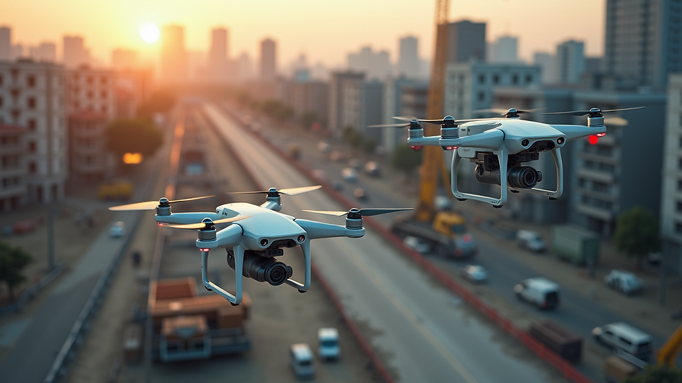 High angle view of a construction site with drones surveying the area