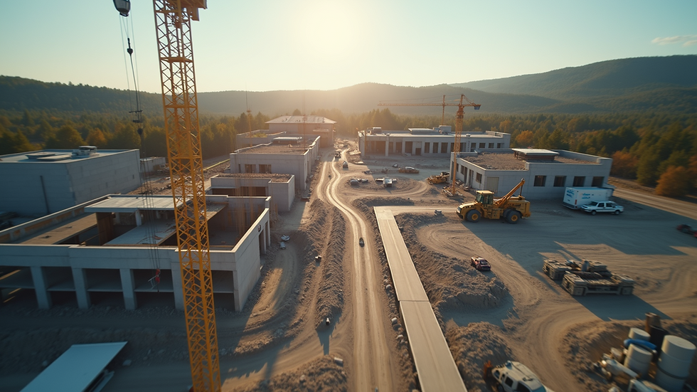 Eye level view of a construction site from a drone