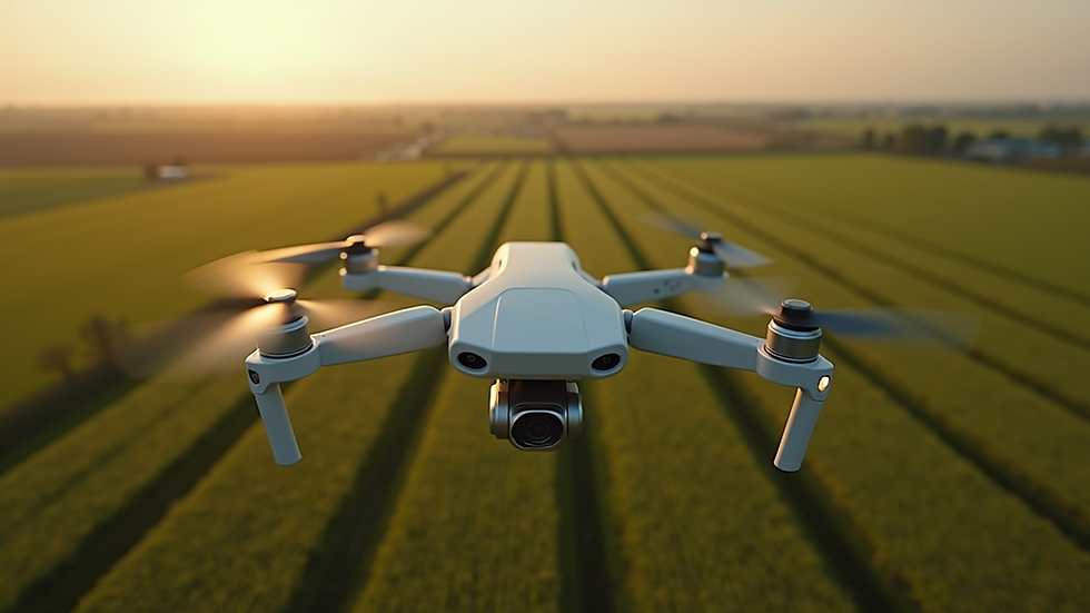 High angle view of drone flying over agricultural fields
