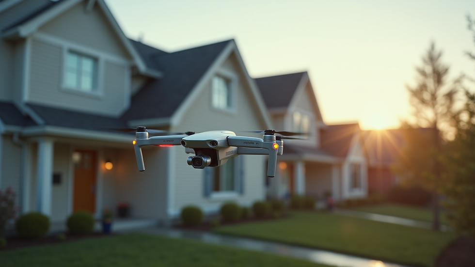 Close-up view of a drone flying over a suburban home