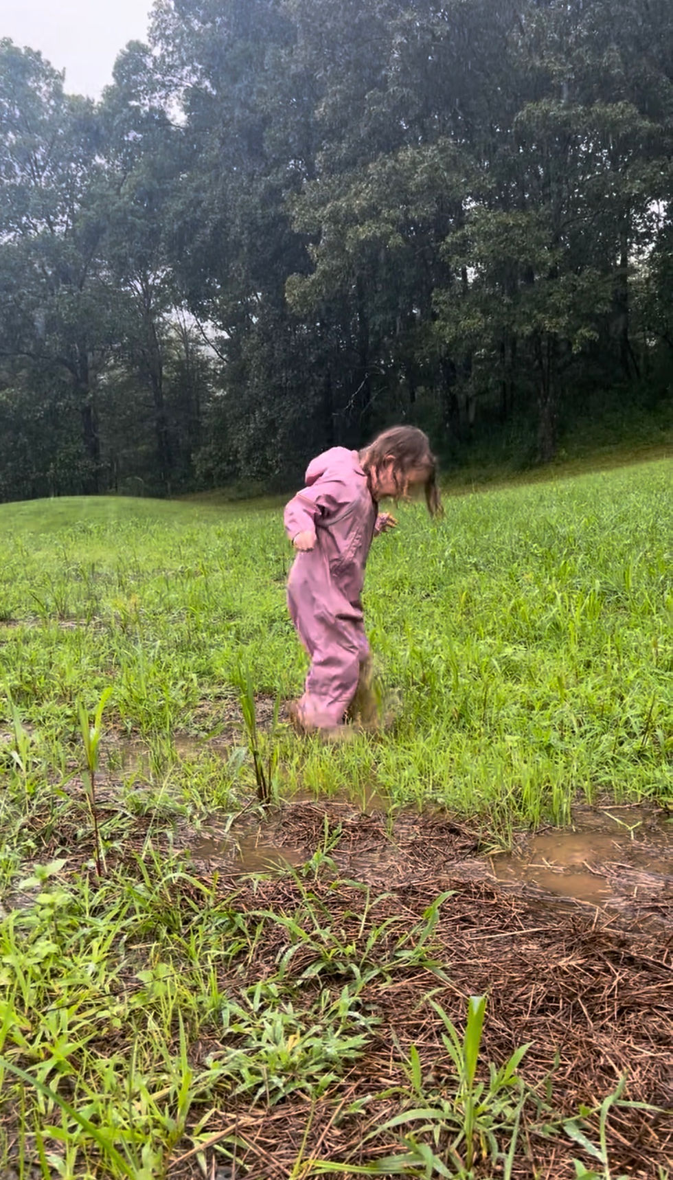 Toddler splashing in rain puddles