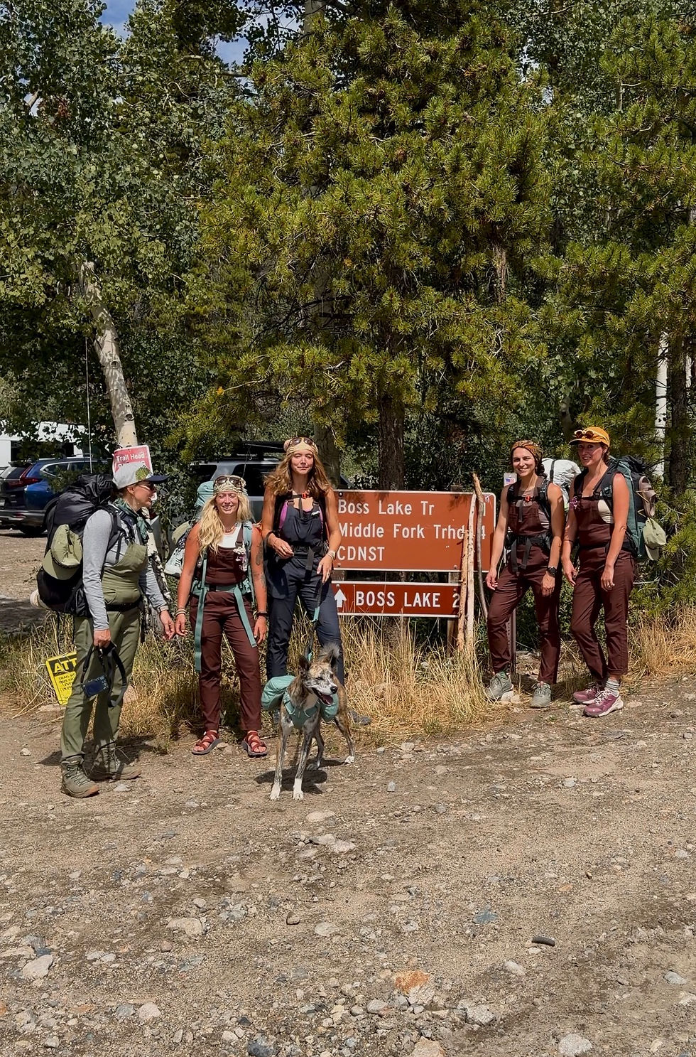 Group of women at the trailhead to Boss Lake. Hiking to Lost Wonder Hut.