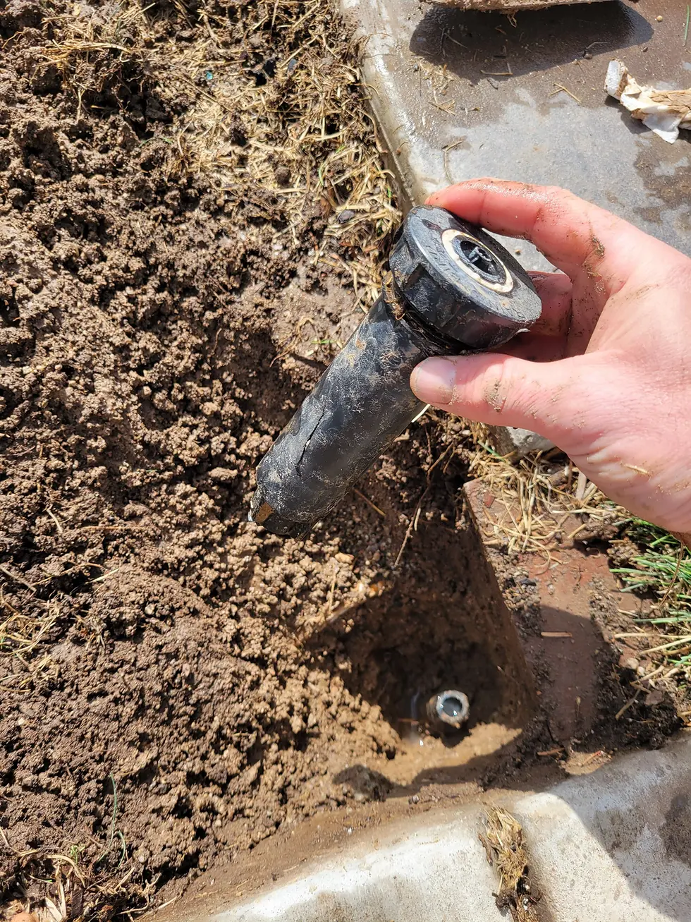 Hand holding a broken sprinkler for irrigation system repair