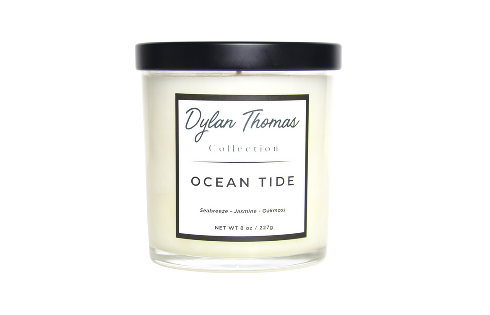 Ocean Tide Candle – Dylan Thomas Luxury Collection | Clear glass jar with black lid, coconut apricot wax luxury candle