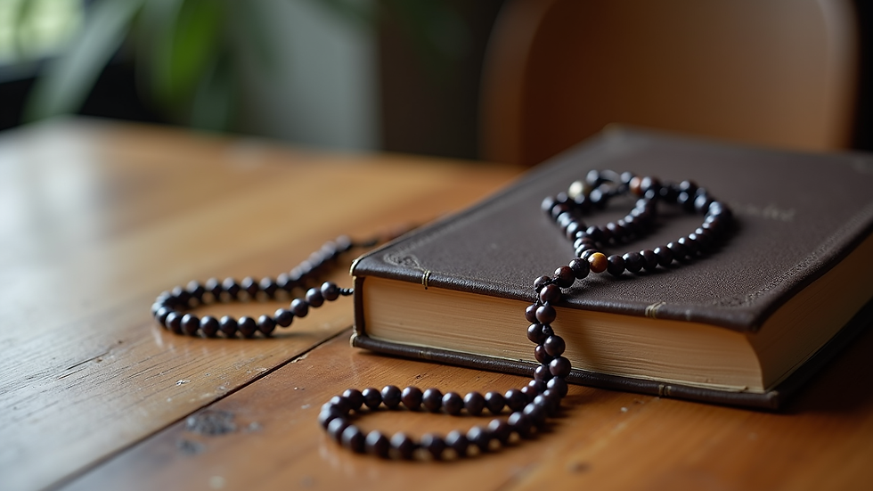 Close-up of a rosary and prayer book on a wooden table