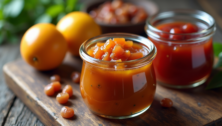 Close-up view of jars filled with colorful chutney and jam on a wooden table