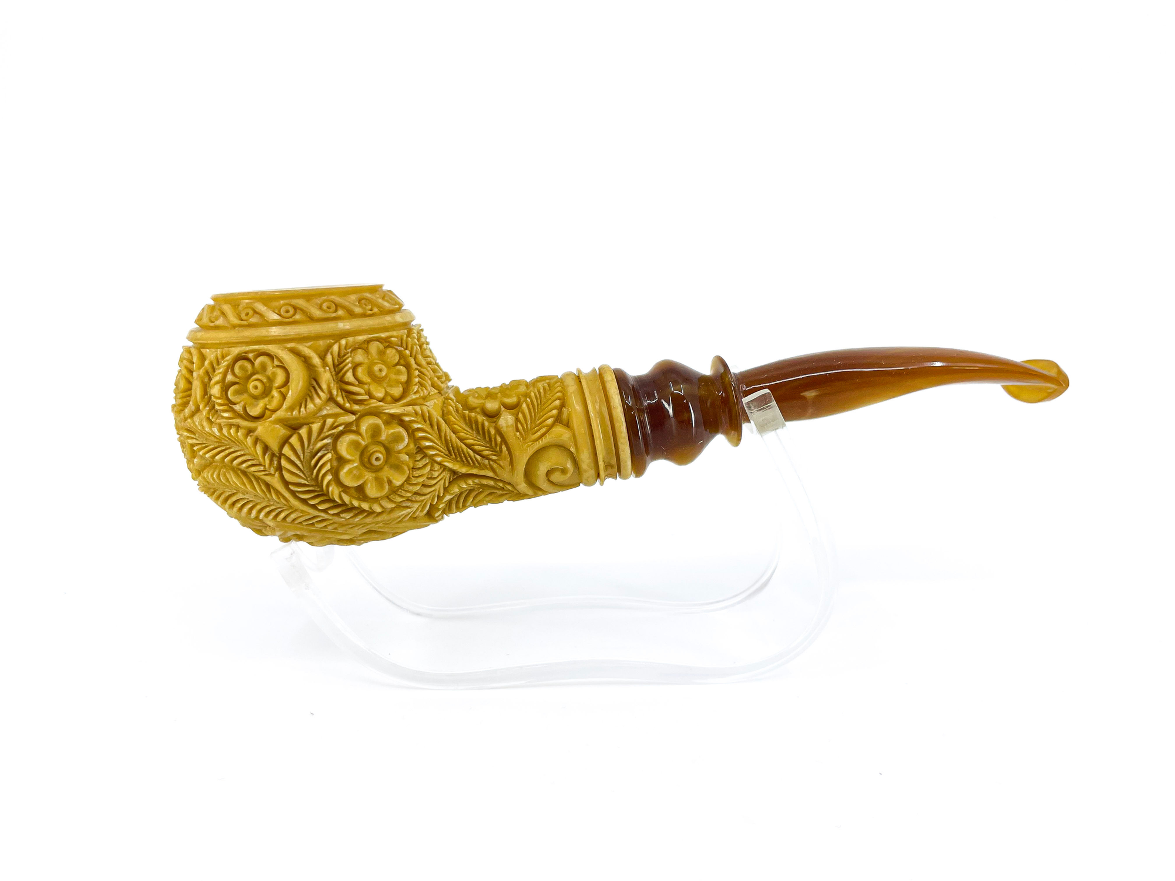 S.Yanik Meerschaum Pipe Apple Shaped Floral Ornament Smoking Pipe, Tobacco Pipe