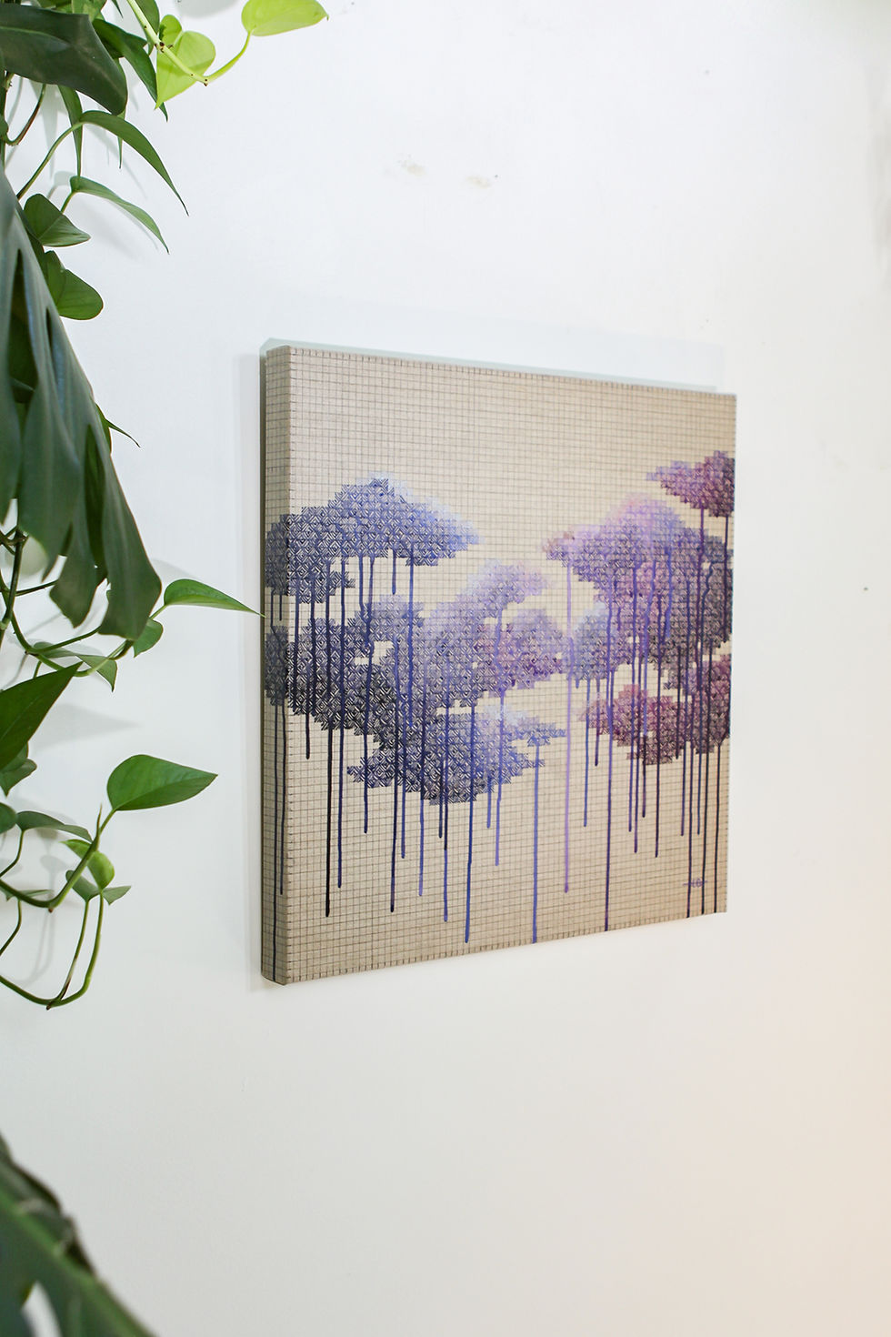 Thumbnail: Fine Art Purple Watercolor Painting With Hand Stitched Embroidery On Linen Side View with House Plants Home Decor