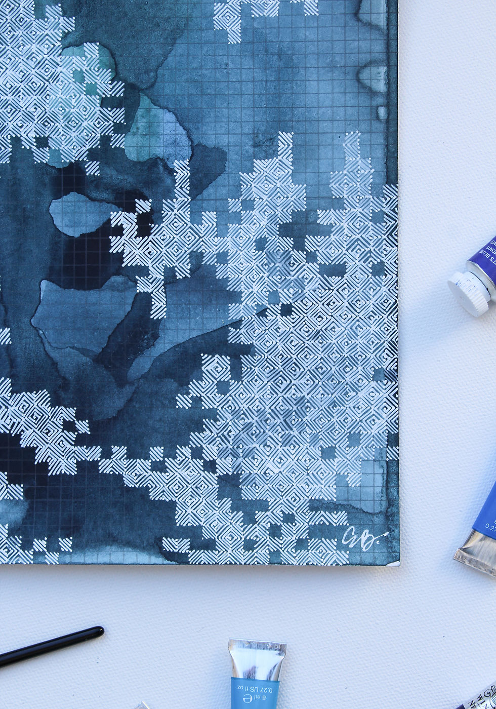Thumbnail: Blue and white abstract watercolor pattern painting detail side view